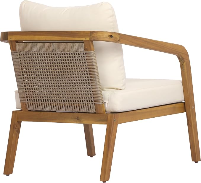 Merax 4-Piece Outdoor Patio Furniture Set, Acacia Wood Conversation Set with PE Wicker Backrest & Comfort Cushions for Backyard, Garden & Poolside
