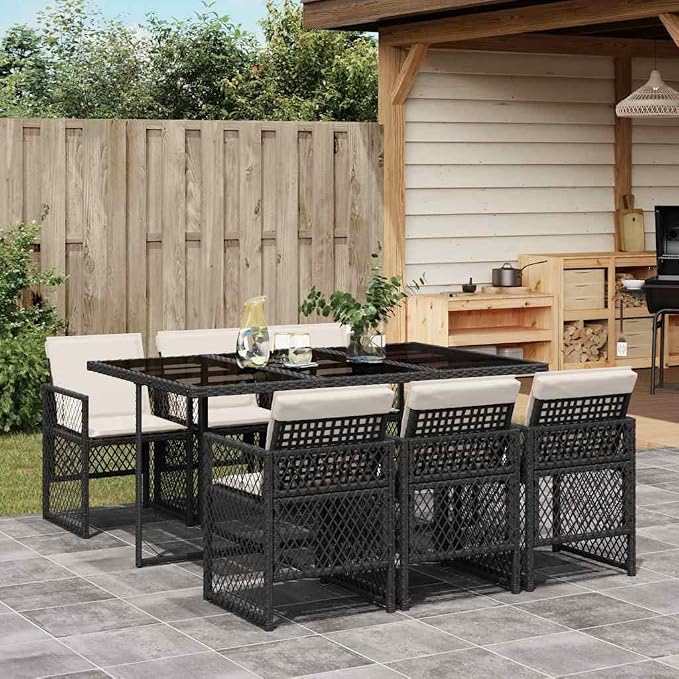 7-Piece Garden Dining Set Black Poly Rattan Tempered Glass | Cream White Cushions, Foldable Chairs, Weather Resistant, Easy Clean, Patio Furniture