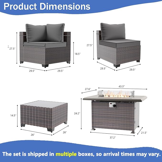 13 Pieces Outdoor Patio Furniture Set,Outdoor Sectional Furniture with 43" 55000 BTU Gas Propane Fire Pit Table,PE Rattan Wicker Patio Conversation Set,Swivel Rocking Chairs Set,Grey