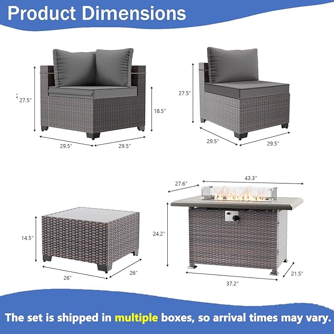 15 Pieces Outdoor Patio Furniture Set,Outdoor Sectional Furniture with 43" 55000 BTU Gas Propane Fire Pit Table,All Weather PE Rattan Wicker Patio Conversation Set,Grey