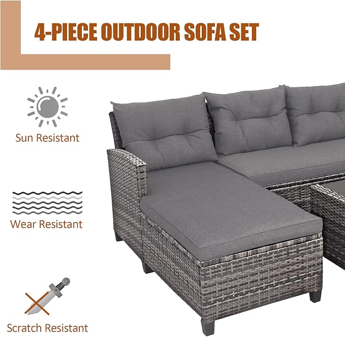 Tangkula 4 Pieces Rattan Conversation Set, Patiojoy Outdoor Furniture Set with Cushions, Lounge Sofa Set with Coffee Table, Patio Sectional Sofa Set for Patio Garden Poolside Backyard (Gray)