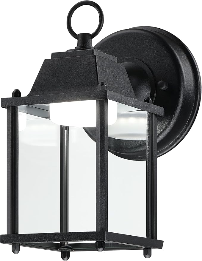 Outdoor Wall Light Fixture, Rustproof Aluminum, Clear Glass, LED | Exterior Porch Light Wall Sconce Lantern for House, Patio, Garage, Waterproof Anti-rust, 9.5W 800 Lumen, 5000K, Black, 1 Pack