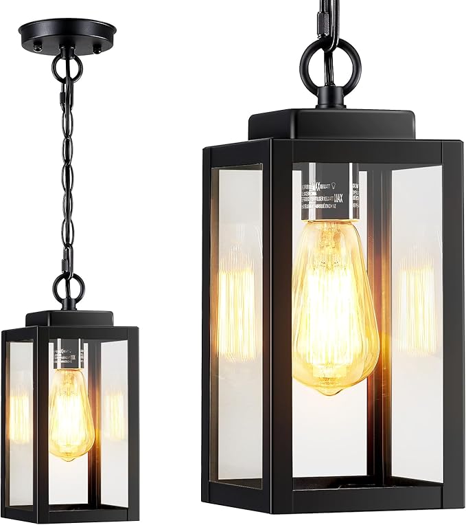 11'' Outdoor Pendant Lights for Porch, Outside Chandelier Hanging Lantern | 1 Pack Black Outdoor Ceiling Light with Clear Glass, Modern Exterior Pendant Lighting Fixture for Porch, Yard (No Sensor)