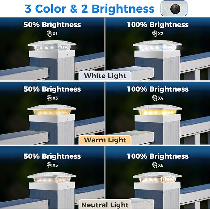4x4IN Solar Post Cap Lights Outdoor with 3 Modes, 4 Packs White Fence Light Solar Powered Waterproof for Wood/Vinyl Posts for Deck Yard Garden Patio Outside