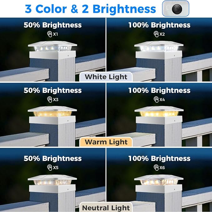 4x4 Solar Post Cap Lights Outdoor with 3 Modes, 2 Packs White Fence Light Solar Powered Waterproof for 3.5×3.5/4x4 Wood/Vinyl Posts for Deck Yard Garden Patio Outside