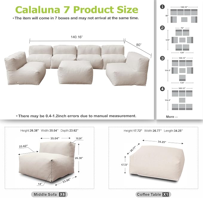ANNYH CALALUNA 7Pc Patio Garden Furniture Sectional Conversation Set.Combines 6 Middle Chairs 1 Ottoman/Coffee Table Outdoor Exp Foam Filled Chairs A Unique Modular Contemporary Sofa (Light Beige)