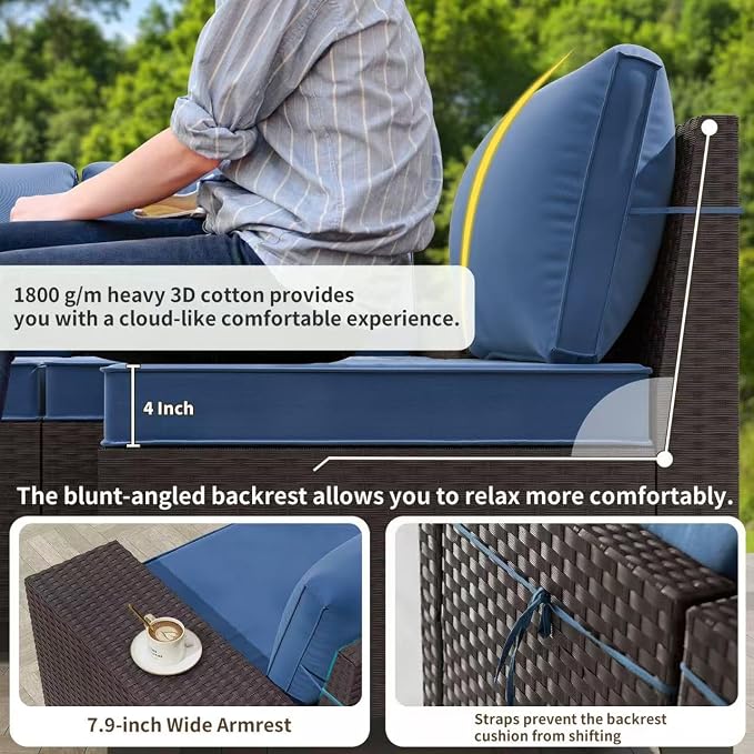 Gotland 9 Pieces Patio Furniture Set with 2 Swivel Chairs, 7-Seater Patio Furniture in 4 Combinations with Wide Armrests 29.5'' High Backrest, Wicker Outdoor Sectional for Deck Garden Pool Navy