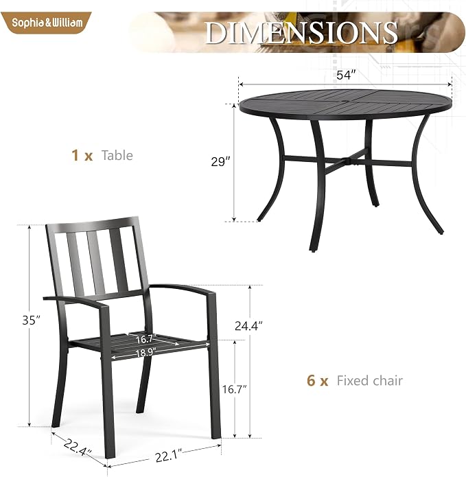 Sophia & William Round Patio Table and Chairs Set, Outdoor Dining Set for 6, 7 Piece Metal Patio Furniture, 54" Black Table(Stripe)