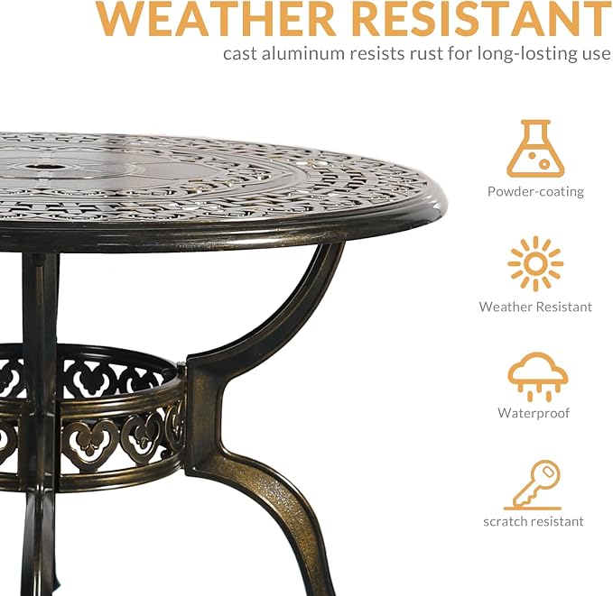 5-Piece Outdoor Patio Dining Set, All-Weather Cast Aluminum Patio Furniture Set for Backyard Garden Deck with 4 Chairs, 4 Cushions and 38.5" Round Table, 2" Umbrella Hole, Blue