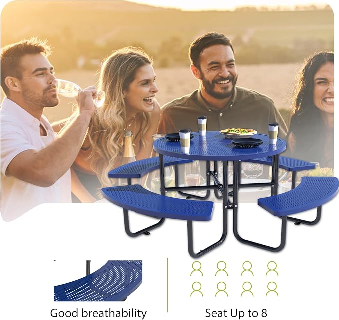 46-inch Heavy-Duty Outdoor Steel Round Picnic Table, Portable Commercial-Grade Picnic Table with Parasol Hole, Sturdy and Durable, Ideal for Garden and Patio Barbecues (Blue - Round)
