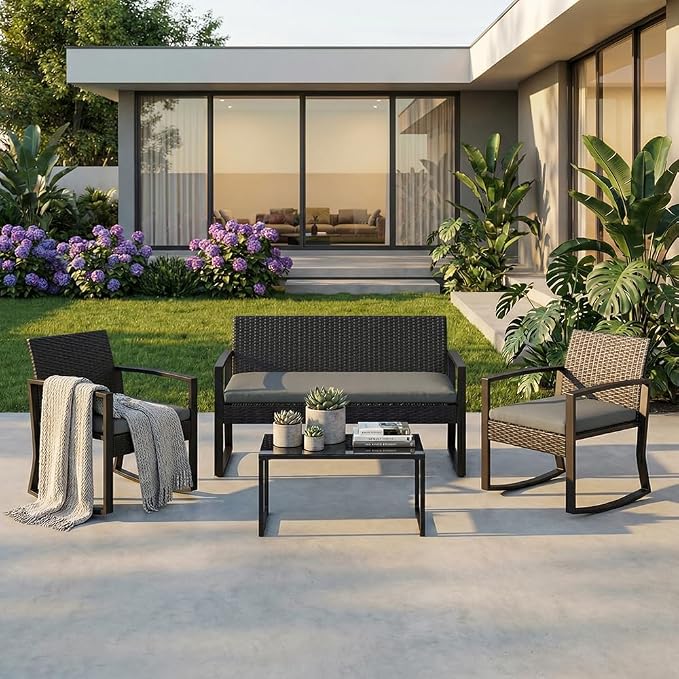 Garvee 4 Piece Patio Furniture Set, PE Rattan Outdoor Rocking Chair Conversation Set with Coffee Table, Outdoor Wicker Patio Table and Chairs Set for Patio, Porch, Backyard, Grey
