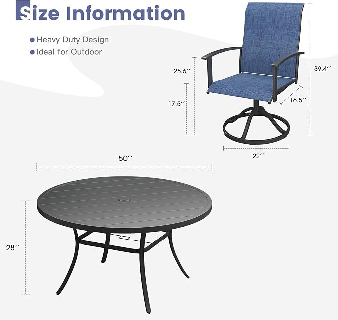 VICLLAX Outdoor Table and Chairs Set for 6, Patio Dining Set of 50 Metal Round Patio Table with Umbrella Hole & 6 Swivel Outdoor Dining Chairs for Backyard Lawn, Dark Blue & Black