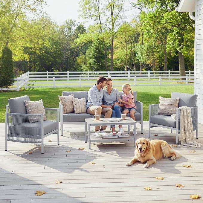 Aluminum Patio Furniture Set, 7 Seats Modern Outdoor Sectional Furniture with PE Rope & Dual-Layer Coffee Table, Luxury Patio Conversation Sets with 6" Cushions for Backyard/Garden, White