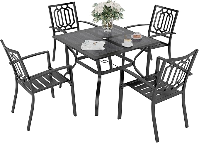 PHI VILLA Patio Dining Set, Stackable Chairs& Square Steel Table | 37” Black Square Steel Table&Stackable Wrought Iron Chairs, Patio Furniture Set for Patio, Deck, Backyard, Porch