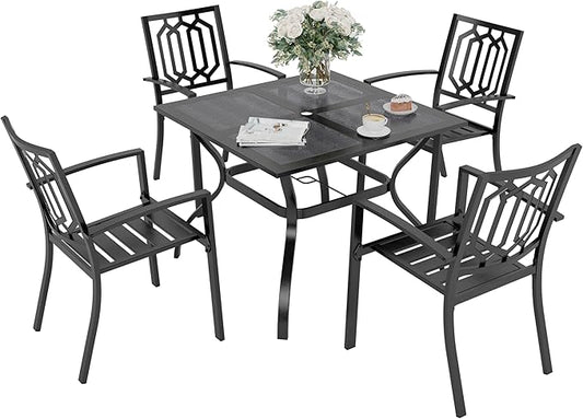 PHI VILLA Patio Dining Set, Stackable Chairs& Square Steel Table | 37” Black Square Steel Table&Stackable Wrought Iron Chairs, Patio Furniture Set for Patio, Deck, Backyard, Porch