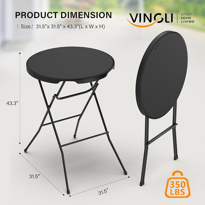 VINGLI 32" Plastic Folding Round Table Bar Height, HDPE Matrial with Gray Metal Finish, High Top Table for Outdoor Party, Cafes, Restaurants, Backyard, Dining Room, Wedding Event,1 Pack, Black