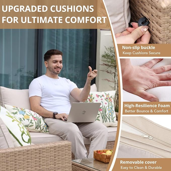2 Piece Outdoor Loveseat with Coffee Table, All-Weather Wicker Patio Sofa Set with Cushions for Garden, Poolside, Porch, Beige