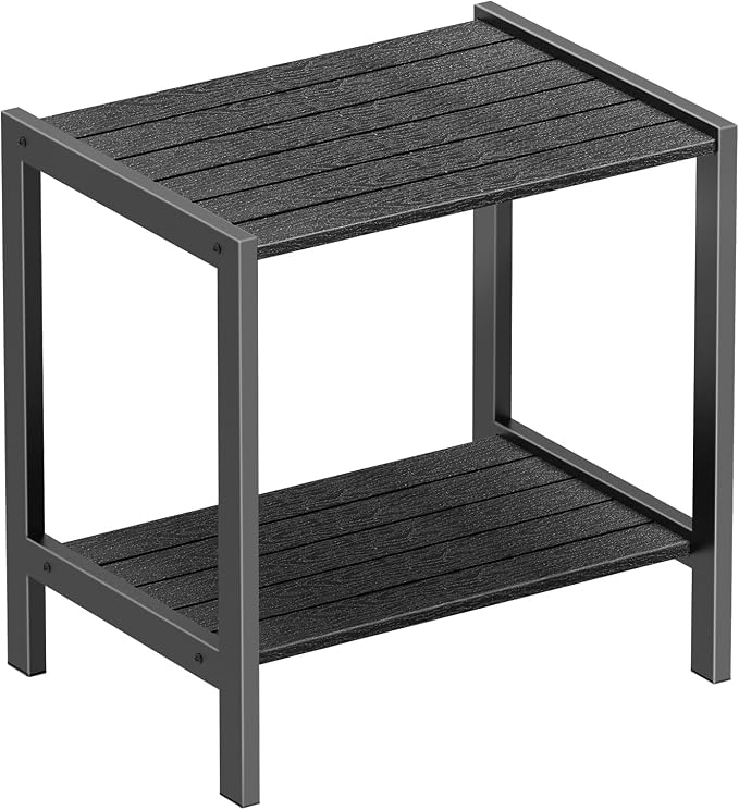 Outdoor Side Table with Storage,Weather-Resistant Square Patio End Tables,2-Tier Small Outdoor Accent Table for Backyard,Pool,Deck,Garden,Waterproof,Easy-to-Clean & Assembly,Black
