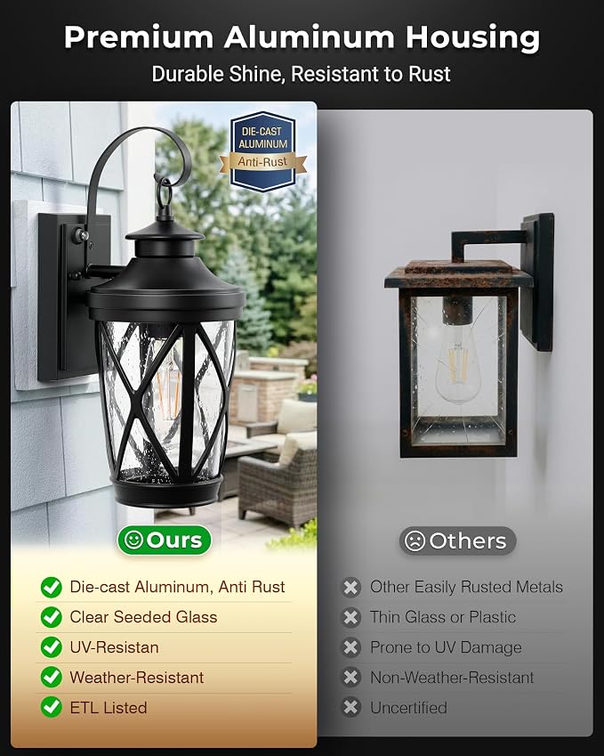 VIANIS 2-Pack Outdoor Wall Lights, Black Dusk to Dawn Porch Light Fixture, 100% Aluminum Outside Garage Lights with Glass Shade, Outdoor Sconce Lights Wall Lantern for House, Exterior Light for Patio