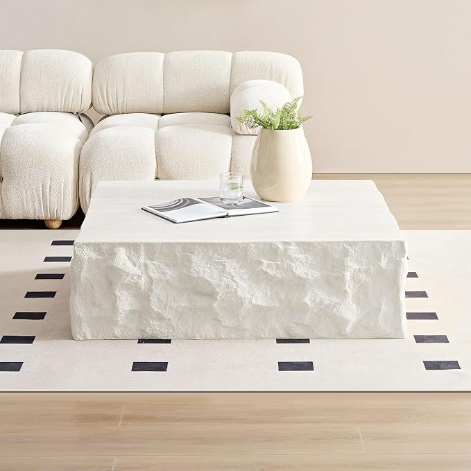 Square Coffee Table for Living Room Faux Stone Coffee Table, 35.4" Modern Low Center Tables for Apartment, No Need Assemble, Fiberglass (Travertine Concrete Pattern)