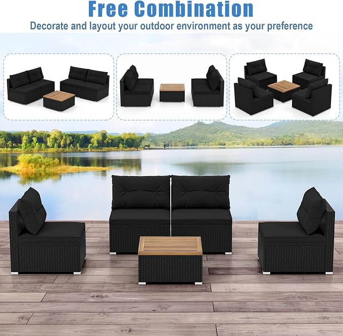 DORTALA 5 Piece Wicker Patio Furniture Set, PE Rattan Outdoor Sectional Conversation Set with Acacia Wood Coffee Table, 4 Chairs for Deck, Backyard, Poolside, Black