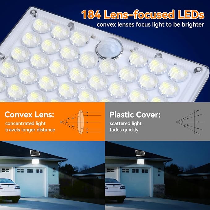 4Pack Solar Motion Lights Outdoor,3600LM Bright 184 LEDs Larger Solar Panel Security Lights 3600mAh Battery,3 Modes Flood Lights Outside 6500K IP65 Waterproof for Yard,Garage,Patio,16.4ft Cord