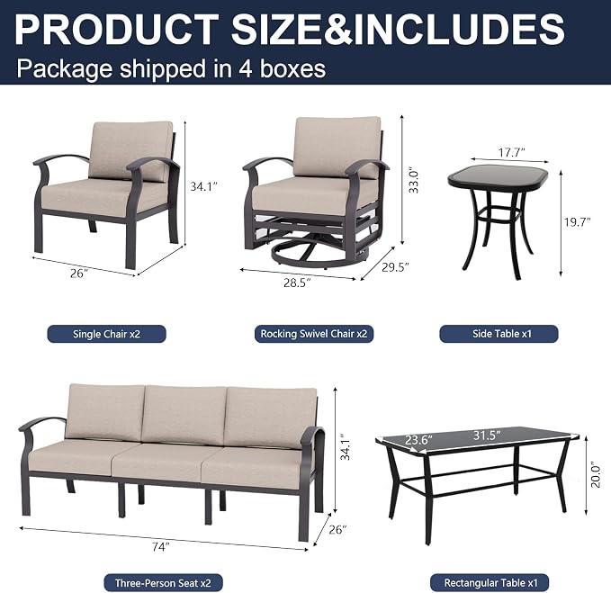 Kurapika Aluminum Patio Furniture Set 10-Seat Modern Metal Outdoor Conversation Sets w/Swivel Rocking Chairs Patio Sectional Sofa w/5.1 Inch Cushion with Rectangular Coffee Table, Sand