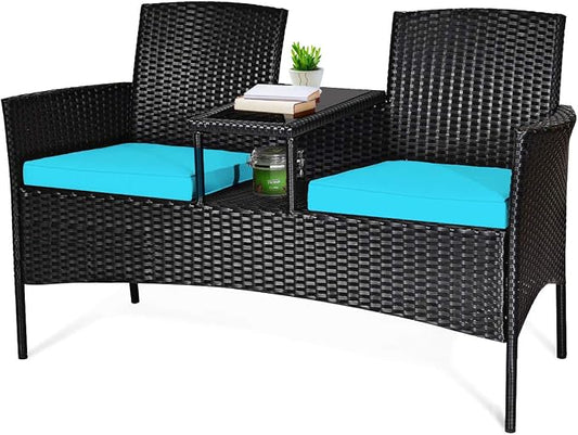 COSTWAY 2-Seat Patio Conversation Sets, Outdoor Patio Loveseat Set with Removable Cushions & Built-in Coffee Table for Backyard, Garden, Lawn, Balcony, Black+Turquoise