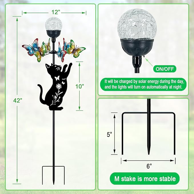 Solar Lights Yard Stake-Butterfly Wind Spinner,Metal Black Cat Garden Decor | Color Changing LED for Patio,Pathway,Lawn,Walkway,Outdoor Decorative