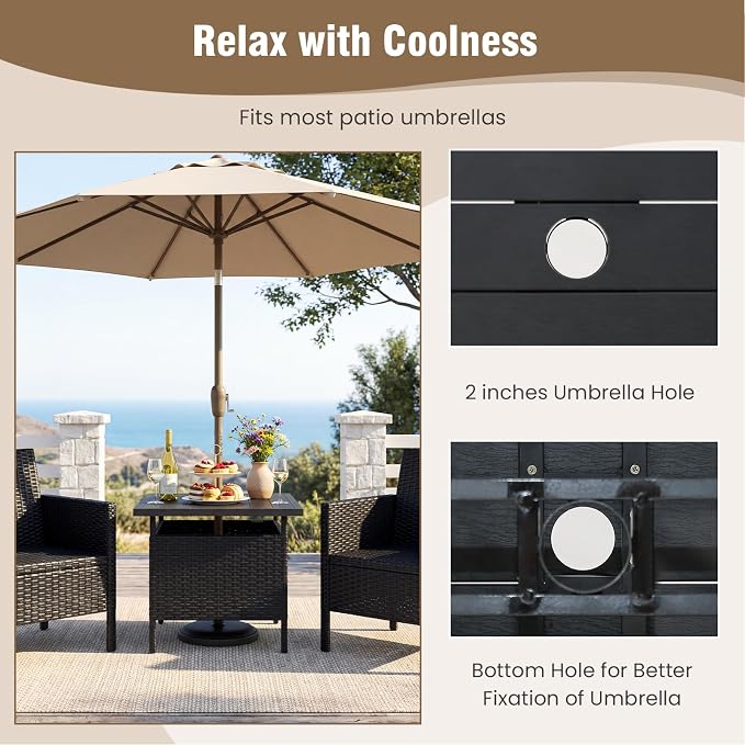 LDAILY Patio Table Umbrella, Outdoor Table with Umbrella Hole, Rattan Patio Side Table with Steel Umbrella Hole, HDPE Desktop & Metal Frame for Deck Garden Poolside Backyard Balcony (Black)