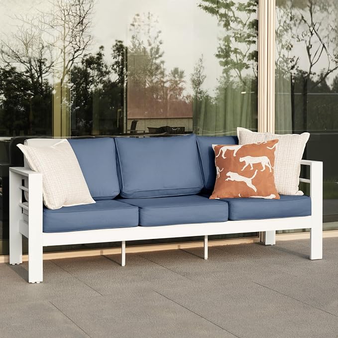 Aluminum Patio Set, 3-Seat Outdoor Furniture Set with 5 Inch Cushions, Patio Furniture Sets with Waterproof Covers for Backyard Garden(White&Blue)