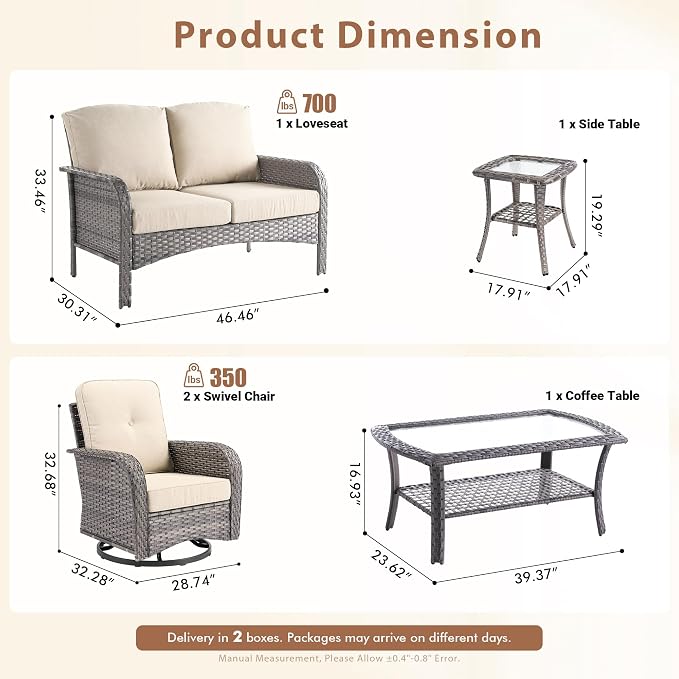 5 Pieces Outdoor Patio Furniture Set with Coffee Table, All Weather Wicker Patio Conversation Sets with Rocking Chairs, Balcony Furniture Sets for Backyard, Garden, Poolside, Beige