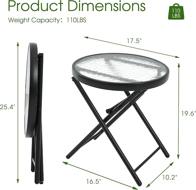 HOMEFUN Outdoor Side Tables - Folding Patio End Table with Tempered Glass Tabletop, Portable Bistro Coffee for Porch Yard, Balcony, Garden, Deck, Poolside, Transparent Glass