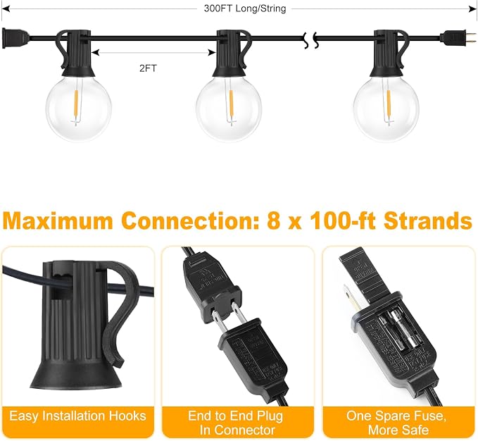 300ft (100ft*3) Outdoor G40 LED Globe String Lights Waterproof | Dimmable Shatterproof Light Strings Connectable Commercial Hanging Lights for Christmas Patio House Backyard Balcony Party