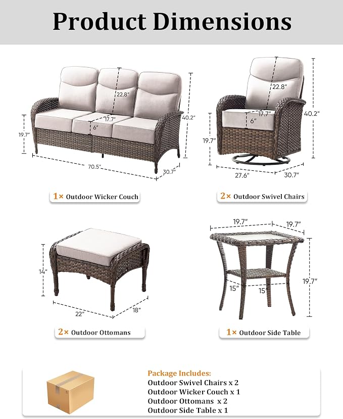 6-Piece Luxury Patio Furniture Set with 6-Inch Thick Cushions, High-Back Outdoor Swivel Rocker Chairs and Table, All-Weather Conversation Set for Porch, Deck, Balcony or Backyard – Beige
