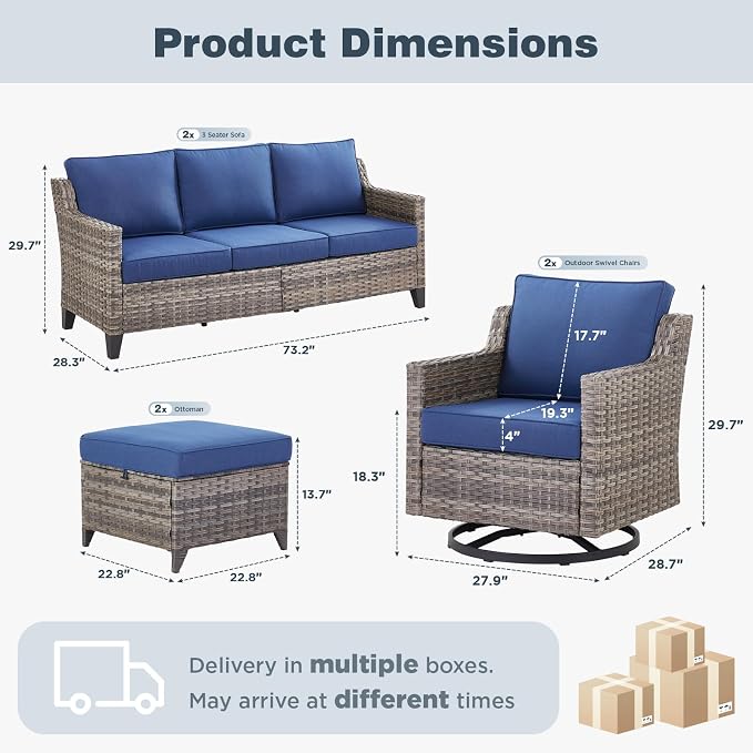 Belord Patio Wicker Swivel Rocker Patio Chairs with 3-Seater Sofa, Outdoor Rattan Chairs for Deck Porch Poolside, 6 Piece Luxury Patio Furniture Set, Blue