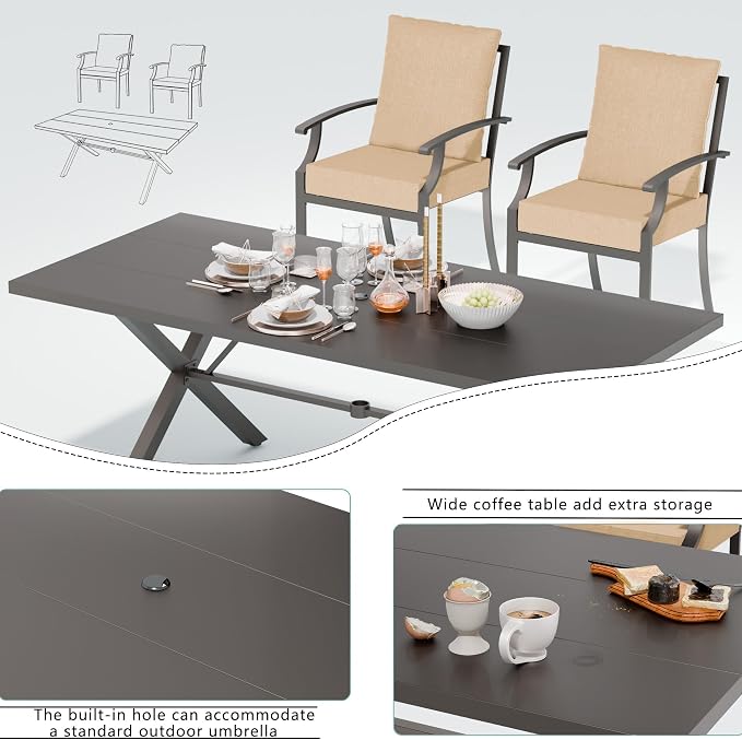 7 Piece Outdoor Dining Set for 6, Metal Patio Table and Chairs with Cushions, Patio Furniture Set with 2 Swivel Chairs, Rectangular Patio Dining Table with Umbrella Hole, Lawn Deck, Yard-Sand