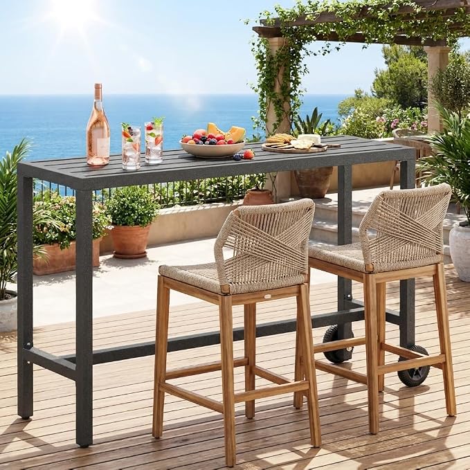 YITAHOME 55" Outdoor Bar Table with Wheels, Narrow Metal Patio Bar Height Table, Modern Rectangle Console Table for Balcony Garden Poolside, Silver Bottom Texture