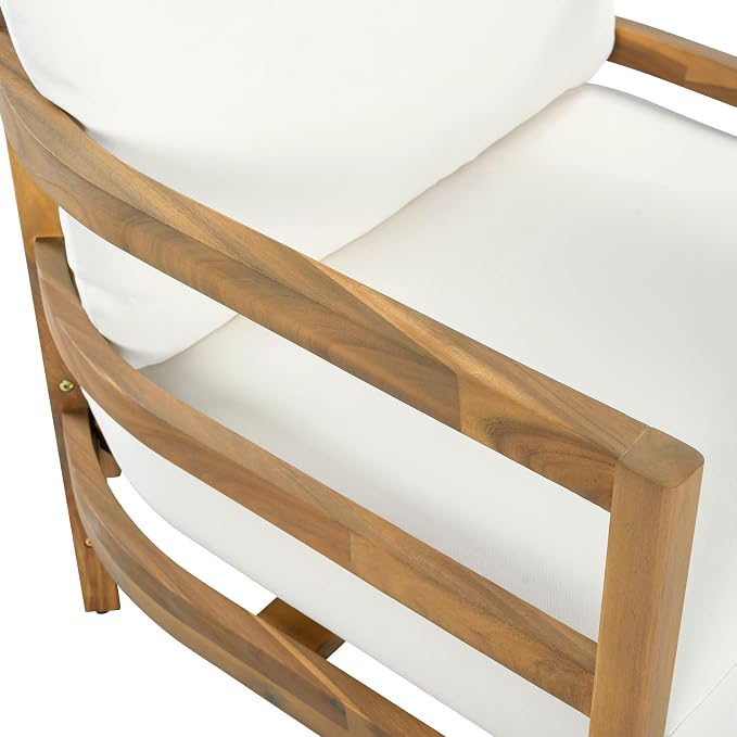 Merax Outdoor Acacia Wood Lounge Chair with Cushions, Solid Wood Patio Armchair, Modern Outdoor Accent Seating for Patio, Garden, Balcony, Deck, Porch, Beige + Light Brown