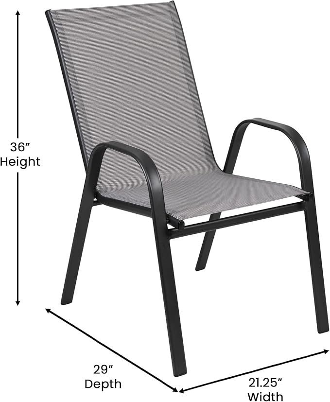 Merrick Lane Bardwell 7-Piece Outdoor Dining Table Set for 6, Glass Top Table with Hole for Umbrella, 6 Breathable Textilene Stackable Patio Chairs, Gray/Black