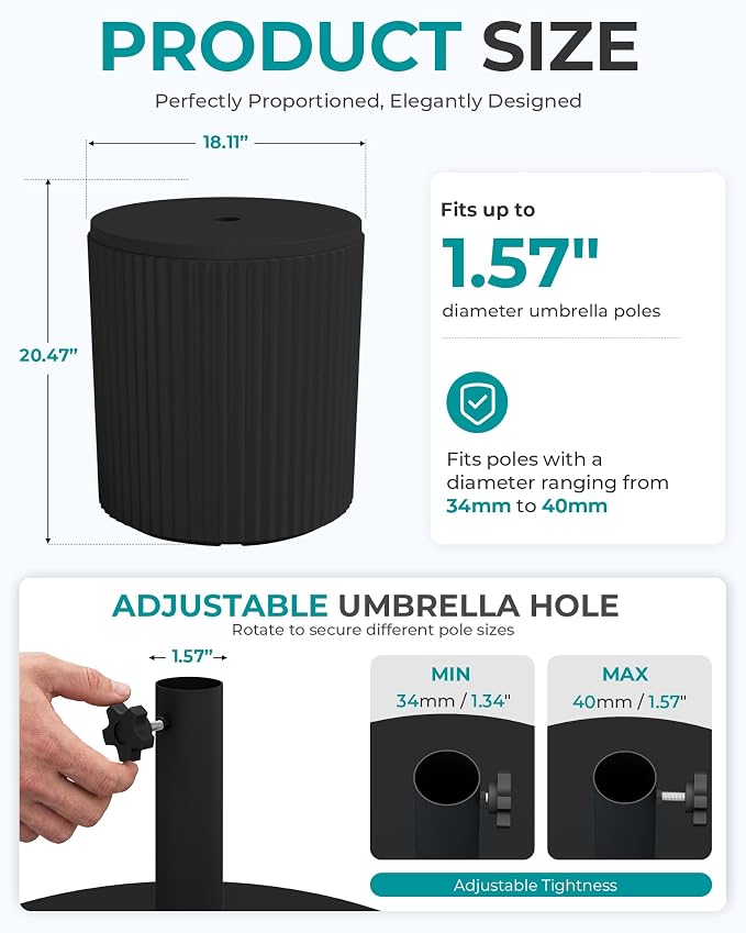 SERWALL Round Outdoor Umbrella Side Table Set of 2 - Outdoor Patio Table with Umbrella Hole for Porch/Patio/Poolside, Black