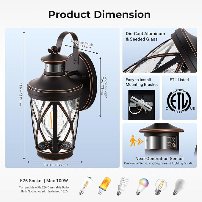 VIANIS Motion Sensor Outdoor Porch Lights, Modern Dusk to Dawn Exterior Wall Light Fixtures, Oil Rubbed Bronze Gold Trim Wall Lanterns for Garage, Waterproof Coach Lights with Adjustable Sense Range
