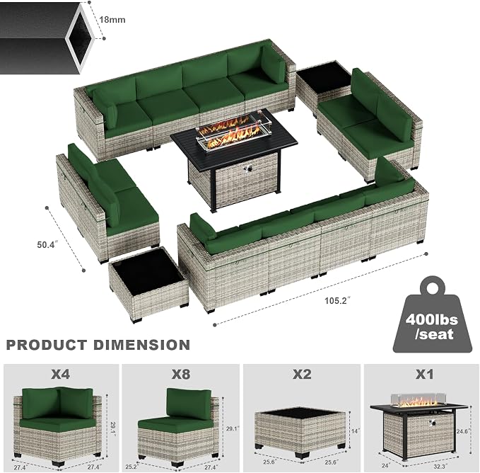 15-Piece Patio Furniture Set, Outdoor Patio Furniture with 55,000 BTU Fire Pit Table, Thick Cushions, Modular Patio Sofa, Dual-Strand Wicker Rattan, Rust-Resistant Frame, Dark Green