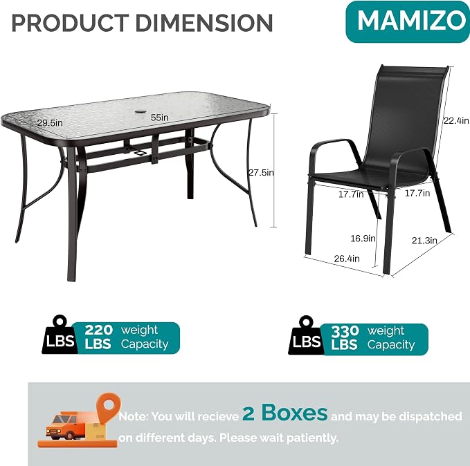 MAMIZO 7 Pieces Patio Dining Set for 6, Outdoor Table and Chairs w/Rectangle Glass Table and 6 Textilene Stackable Chairs, Patio Furniture Set w/1.69" Umbrella Hole (Black Table & Black Chair)