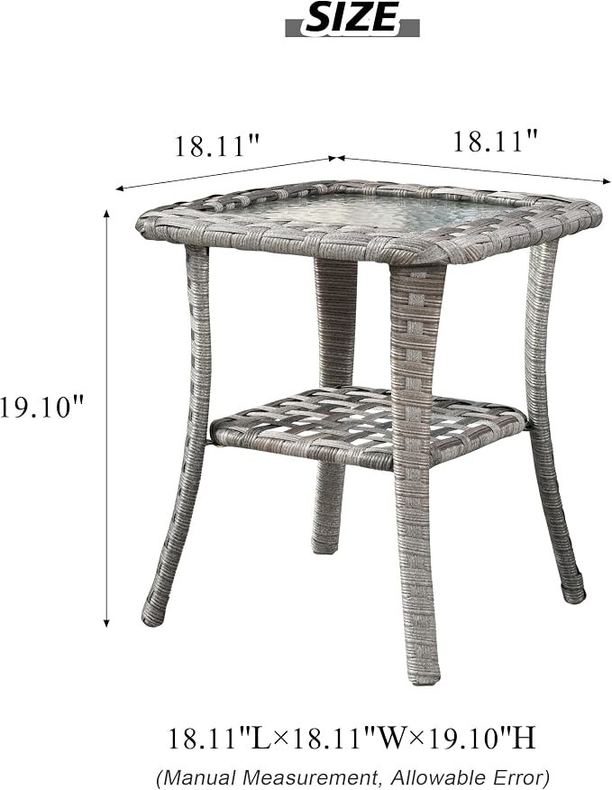 HOOOWOOO Outdoor Patio Side Table with 2 Layers,Wicker Coffee End Table Glass Top,Deck Table for Yard,Deck,Porch,Garden(Dark Brown)