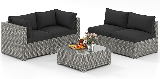 RELAX4LIFE 5-Piece Patio Furniture Set - Wicker Rattan Outdoor Sectional Sofa w/Glass-Top Coffee Table, Soft Seat & Back Cushions, Bistro Conversation Set for Garden Backyard Porch (1, Black)