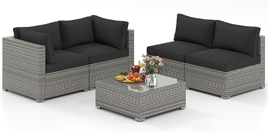 RELAX4LIFE 5-Piece Patio Furniture Set - Wicker Rattan Outdoor Sectional Sofa w/Glass-Top Coffee Table, Soft Seat & Back Cushions, Bistro Conversation Set for Garden Backyard Porch (1, Black)