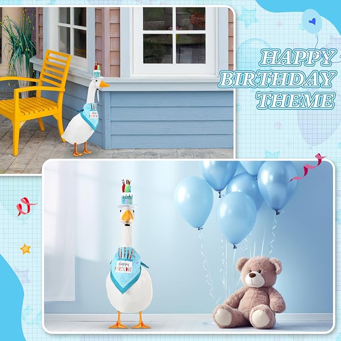 Dansydaisy Happy Birthday Goose Outfit Porch Goose Outfits with Happy Birthday Cake Hat and Bandana Yard Geese Outfits for 23" 17" Cement Plastic Geese Duck Decorations(Style 2,Blue)