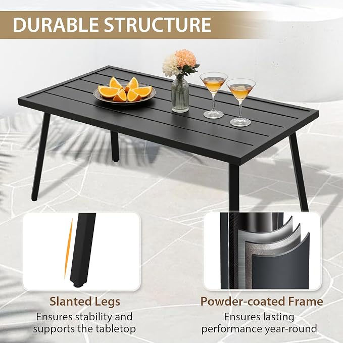 Patio Coffee Table, Rectangle Outdoor Coffee Table with Wood Grain Tabletop for Patio, Balcony and Garden, Black
