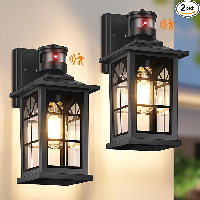 2-Pack Motion Sensor Outdoor Wall Lights, Modern Porch Lights | Auto ON/OFF, 3 Lighting Modes, Waterproof, Rust-Resistant, Aluminum Frame & Sturdy Glass, Easy to Install